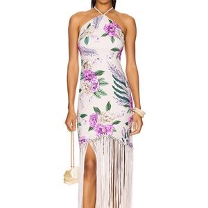 Agua by Agua Bendita Pink Floral Halter Fringe Midi Dress